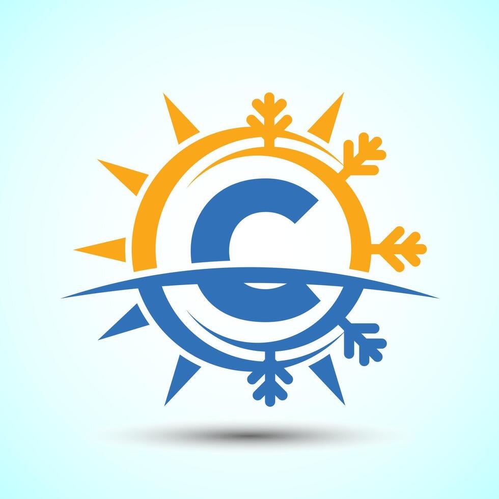 Initial alphabet C with abstract sun and snow. Air conditioner logo sign, Hot and cold symbol vector
