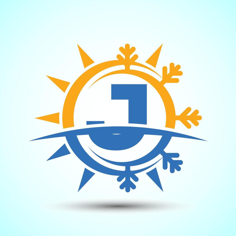 Initial alphabet J with abstract sun and snow. Air conditioner logo sign, Hot and cold symbol vector
