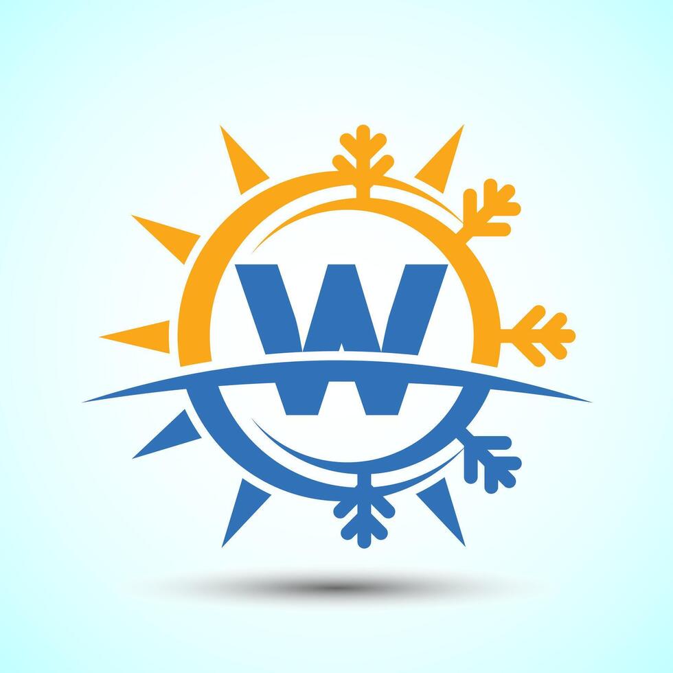 Initial alphabet W with abstract sun and snow. Air conditioner logo sign, Hot and cold symbol vector