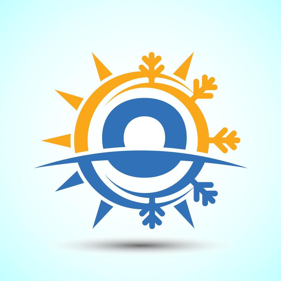 Initial alphabet O with abstract sun and snow. Air conditioner logo sign, Hot and cold symbol vector
