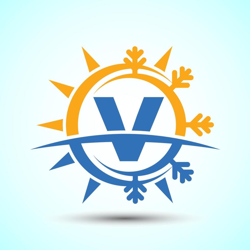 Initial alphabet V with abstract sun and snow. Air conditioner logo sign, Hot and cold symbol vector