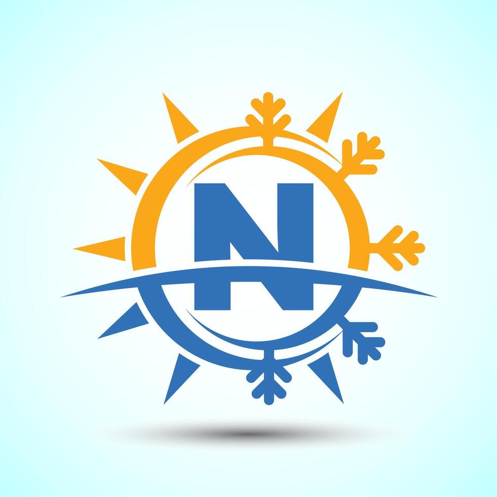 Initial alphabet N with abstract sun and snow. Air conditioner logo sign, Hot and cold symbol vector