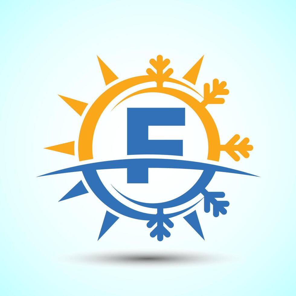 Initial alphabet F with abstract sun and snow. Air conditioner logo sign, Hot and cold symbol vector