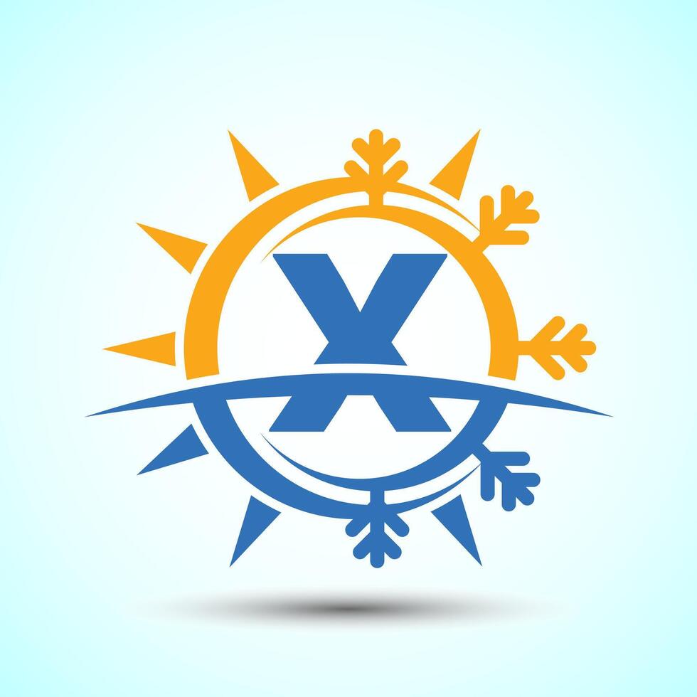 Initial alphabet X with abstract sun and snow. Air conditioner logo sign, Hot and cold symbol vector