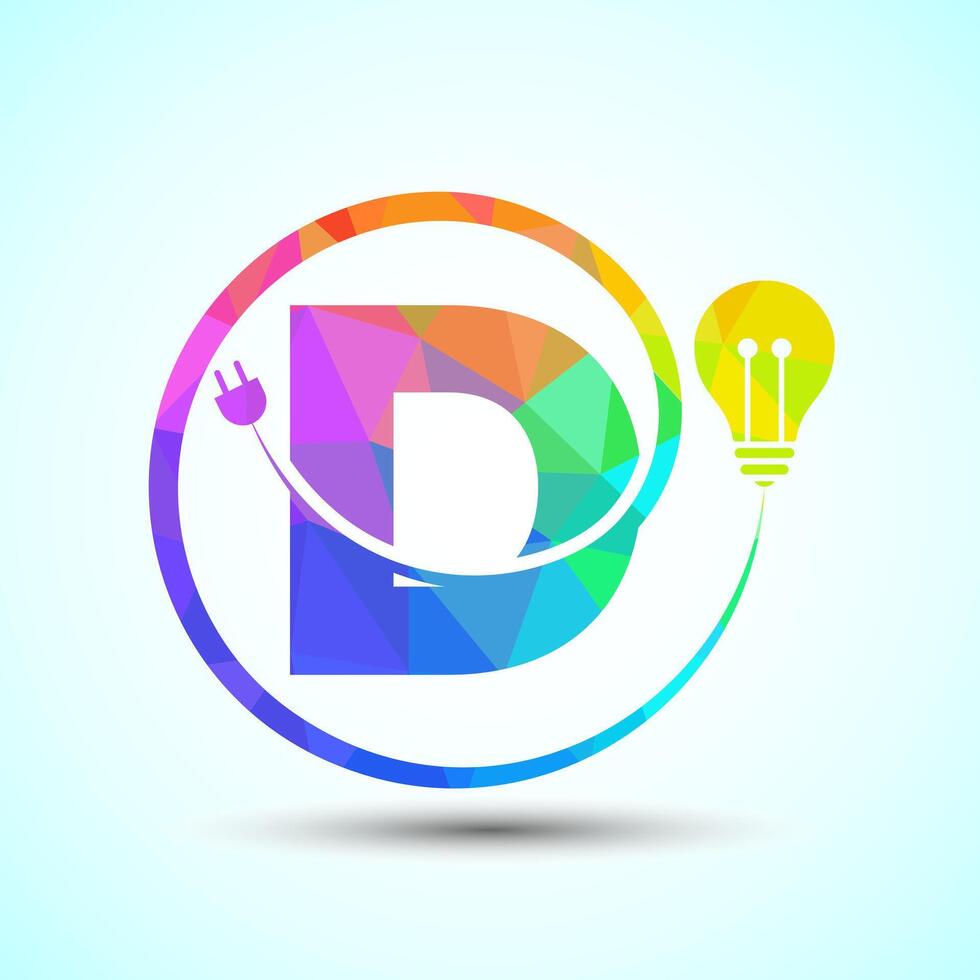 English alphabet D with electric bulb and plug. Low poly style electricity and technology logo vector