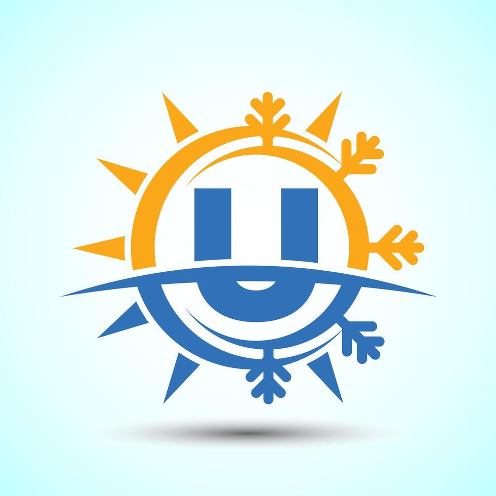 Initial alphabet U with abstract sun and snow. Air conditioner logo sign, Hot and cold symbol vector
