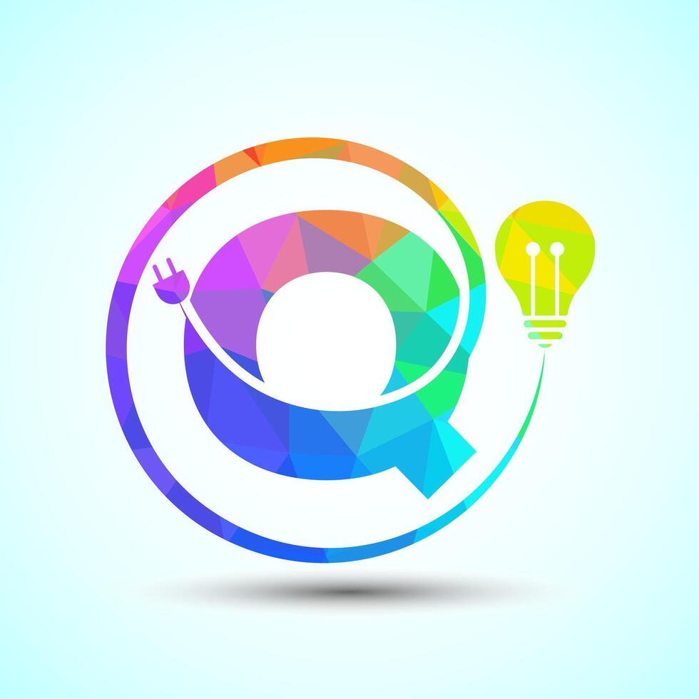 English alphabet Q with electric bulb and plug. Low poly style electricity and technology logo vector