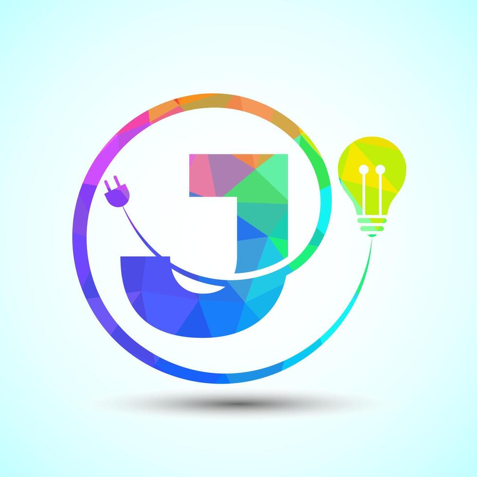 English alphabet J with electric bulb and plug. Low poly style electricity and technology logo vector