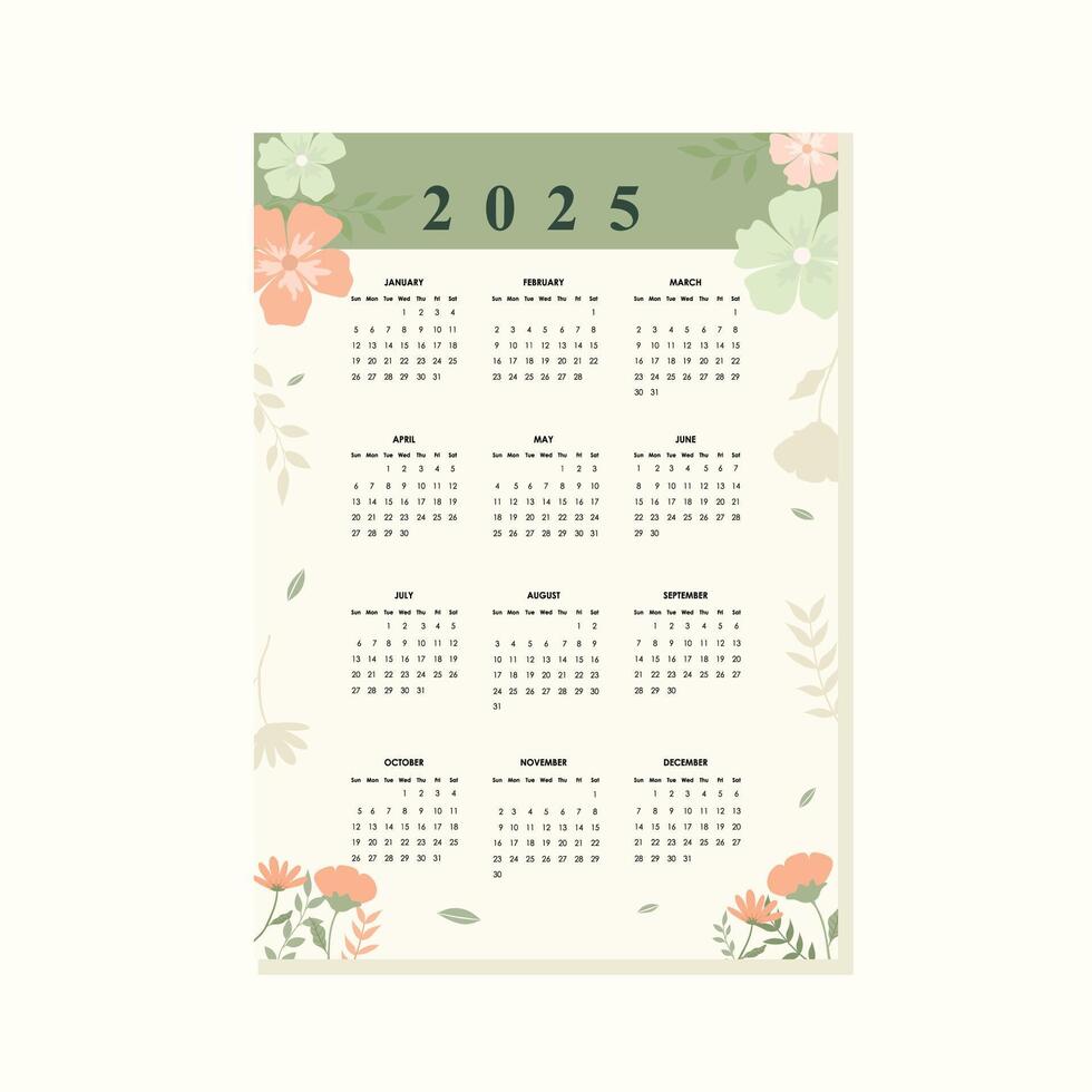 Hand drawn 2025 wall calendar template design vector