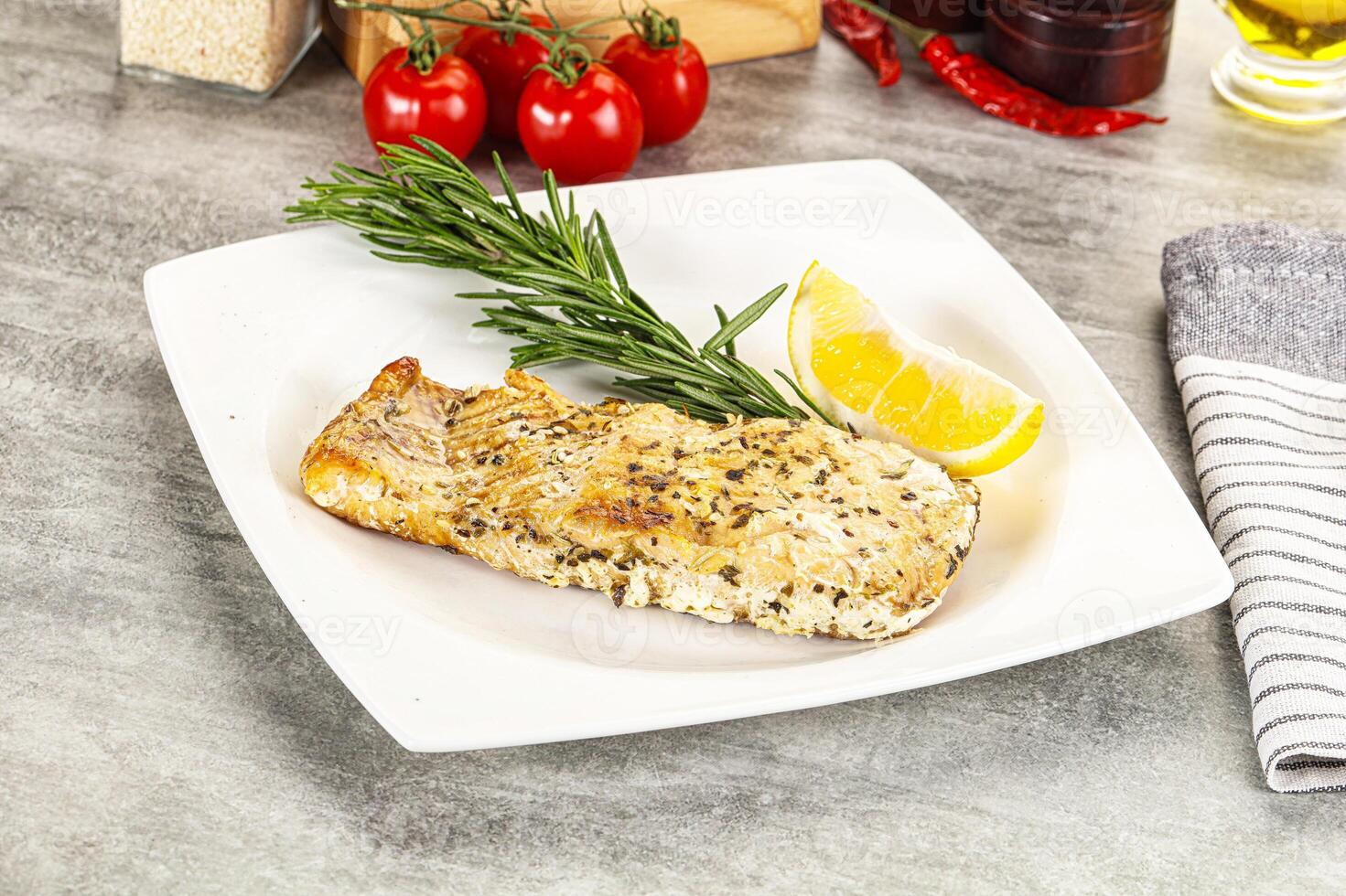 Baked salmon fish served rosemary photo