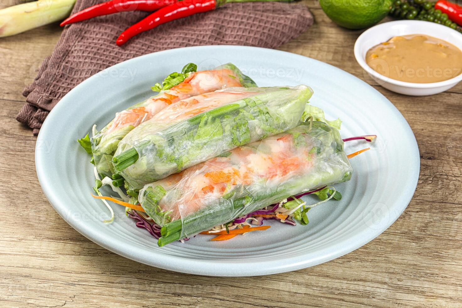 Vietnamese spring roll with prawn and salad photo