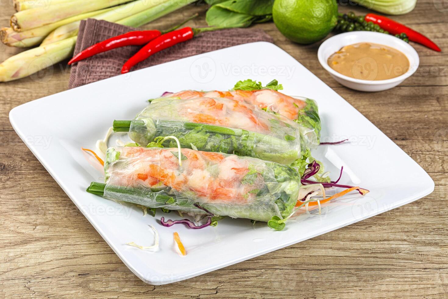 Vietnamese spring roll with prawn and salad photo