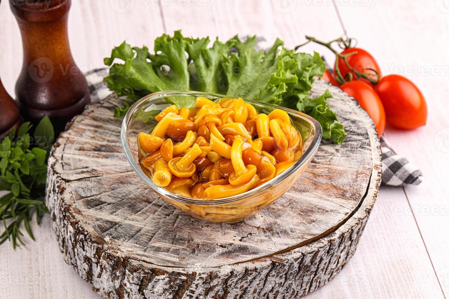 Marinated honey mushroom in the bowl photo