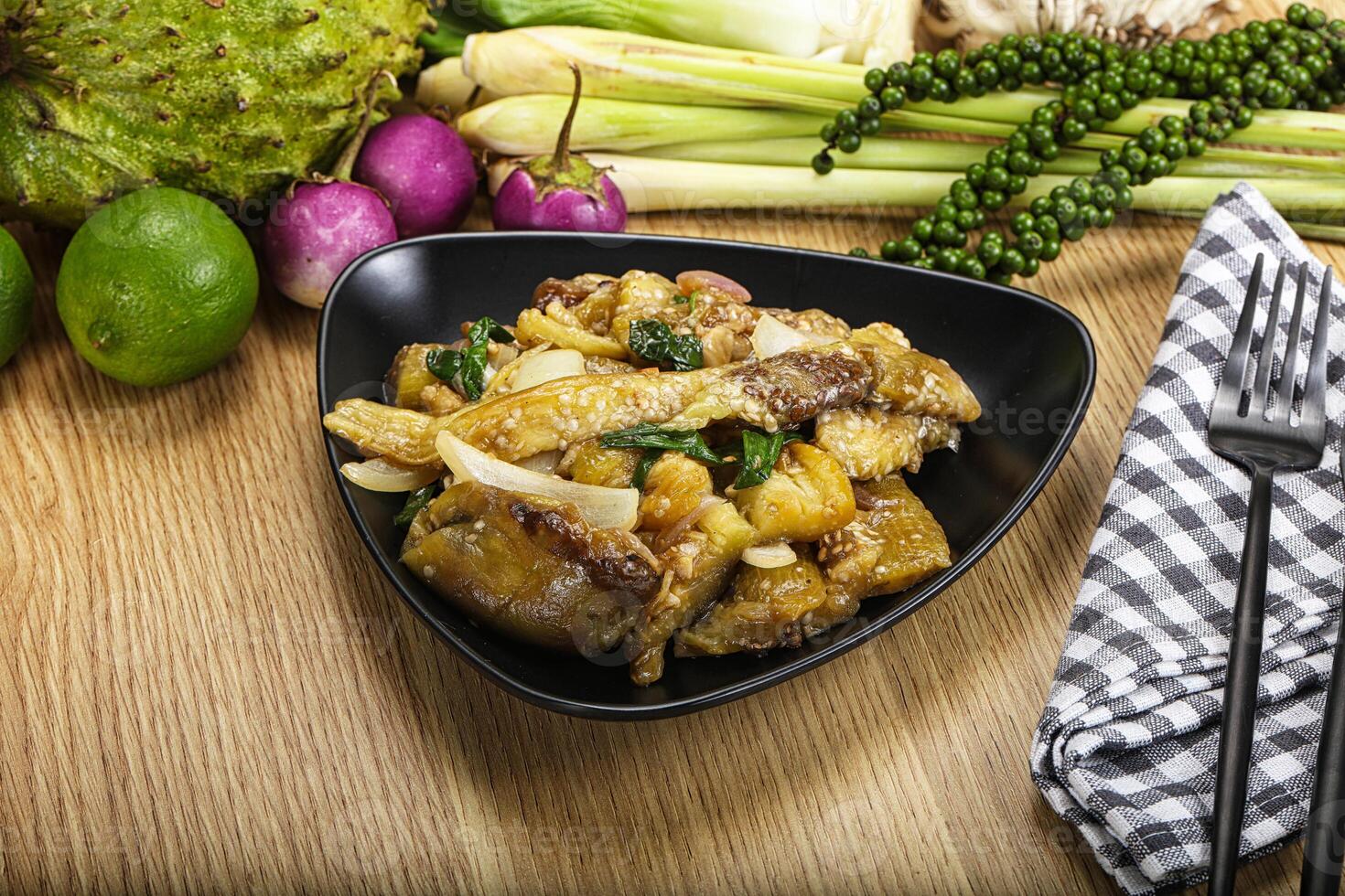Roasted Thai eggplant with onion photo
