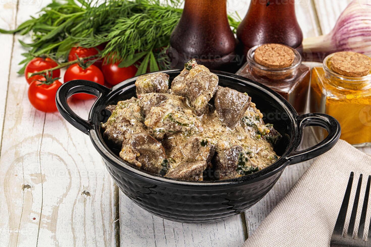 Roasted chicken liver with cream photo