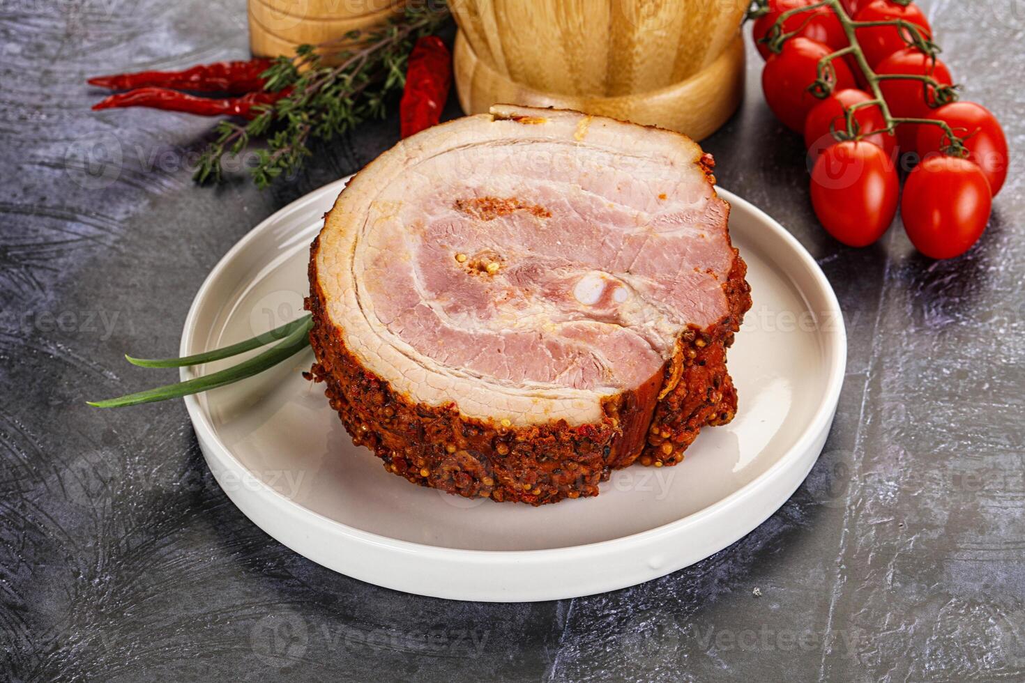 Tasty and fat smoked pork belly photo