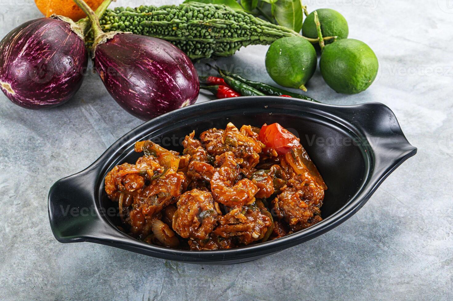 Asian cuisine - prawn in chili sauce photo
