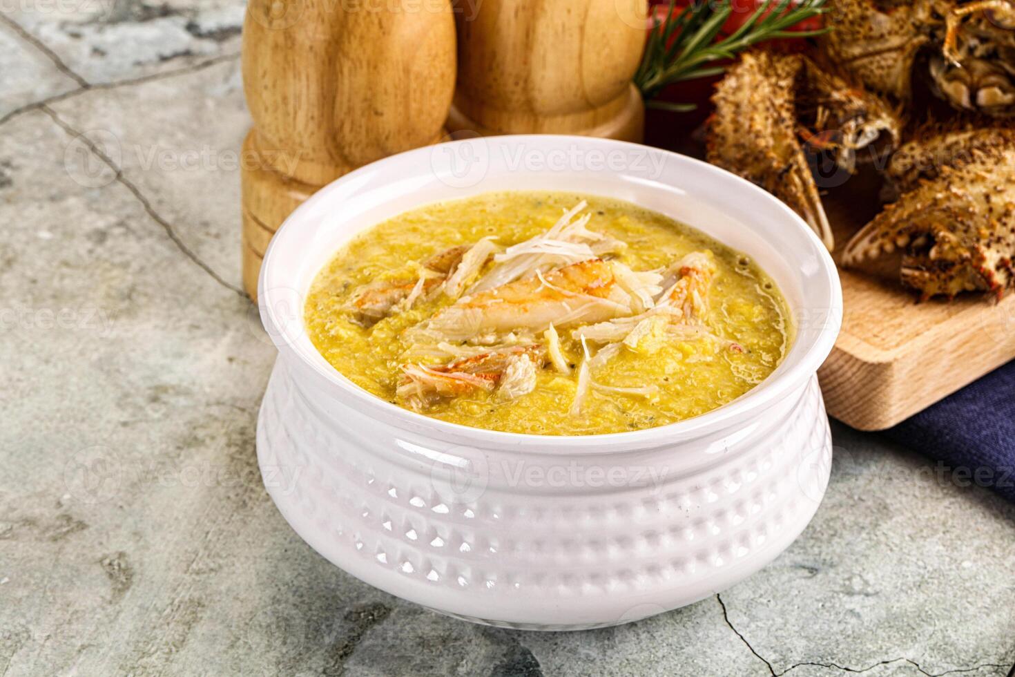 Corn cream soup with crab photo