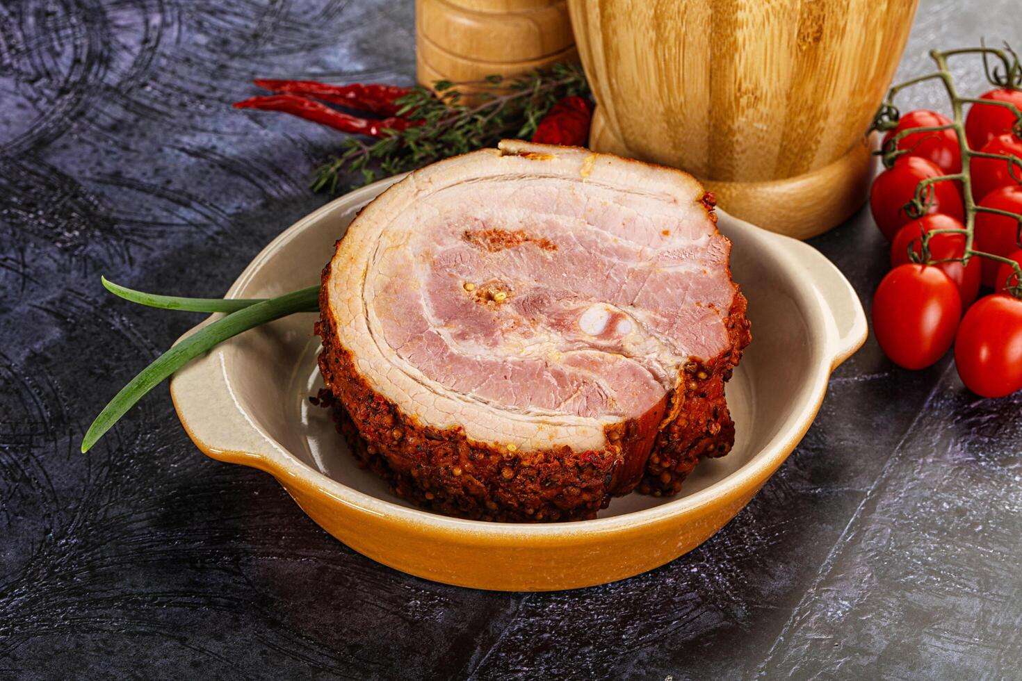Tasty and fat smoked pork belly photo