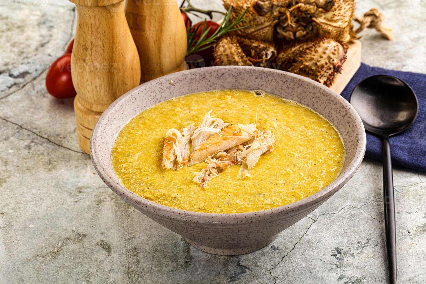 Corn cream soup with crab photo