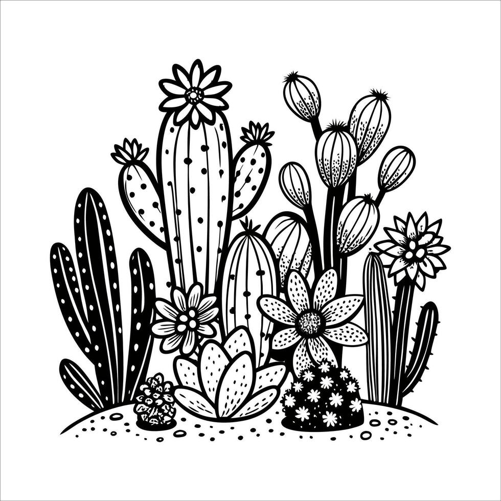 Cactus plants and flowers in the desert coloring page vector