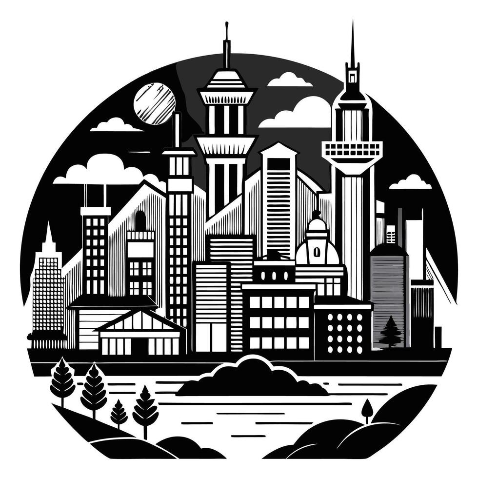 A black and white illustration of a city skyline vector