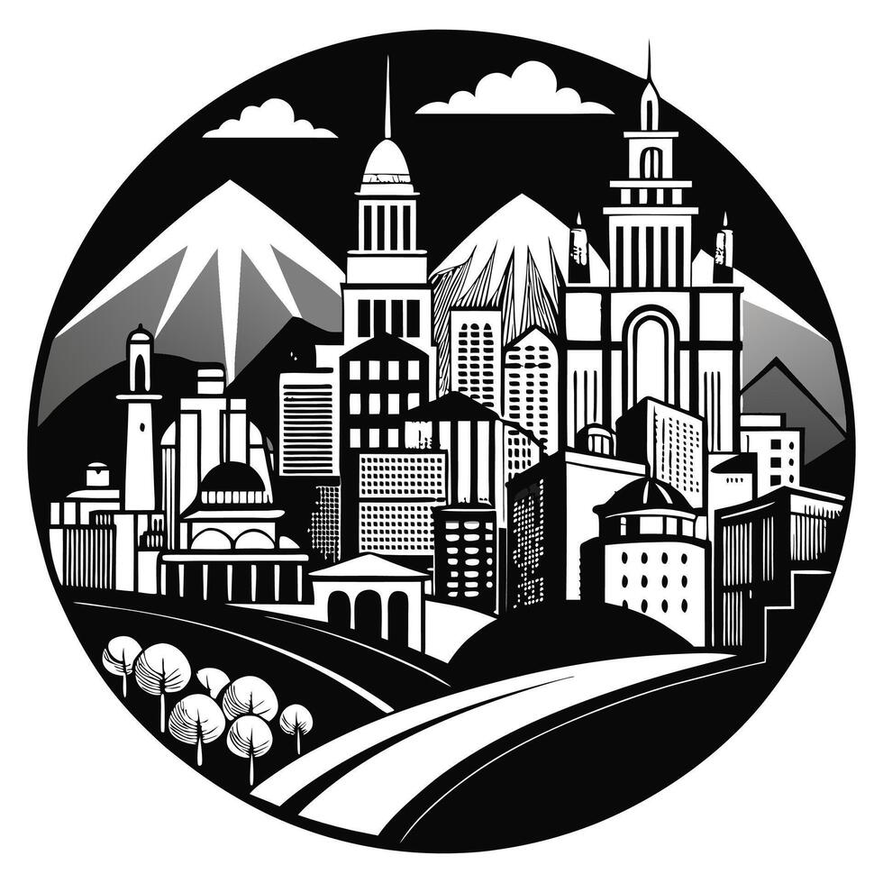 A black and white cityscape with mountains and buildings vector