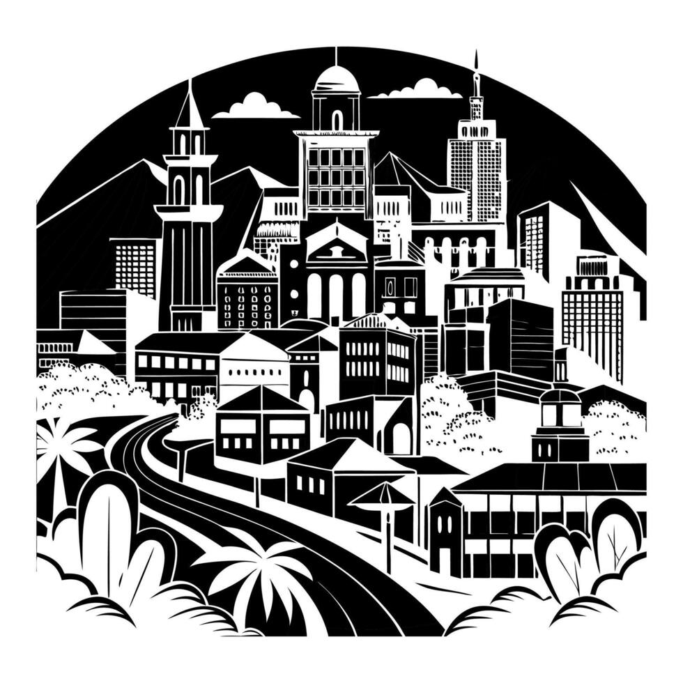 A black and white illustration of a city with buildings vector