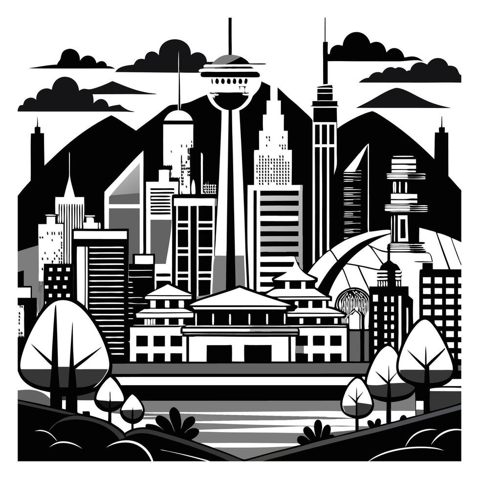 A black and white illustration of a cityscape vector