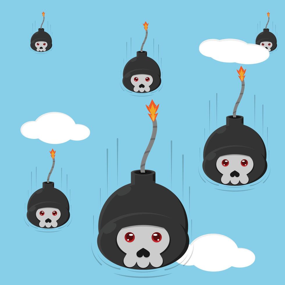 Cartoon bomb with skull heads flying in the sky vector