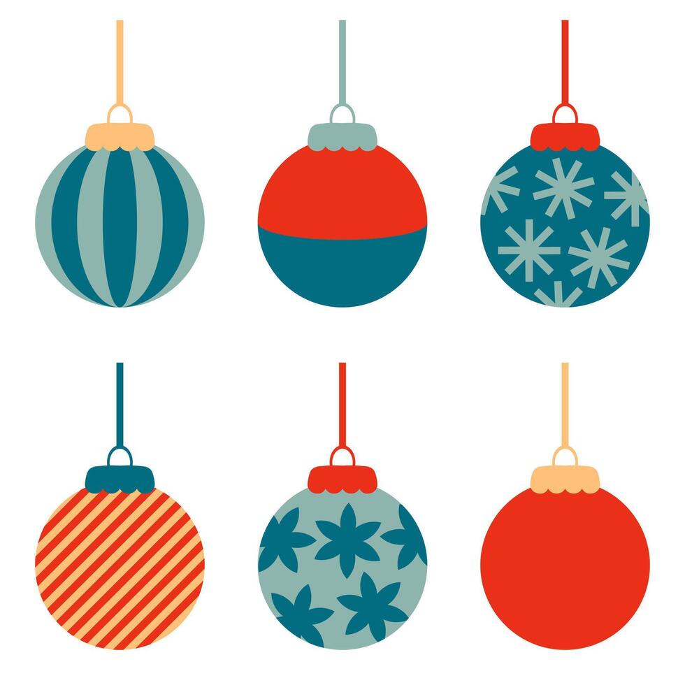 Retro style Merry Christmas balls ornament clipart collection. Perfect for banner, flyer, label, postcard, sale, stickers. Isolated illustration. vector