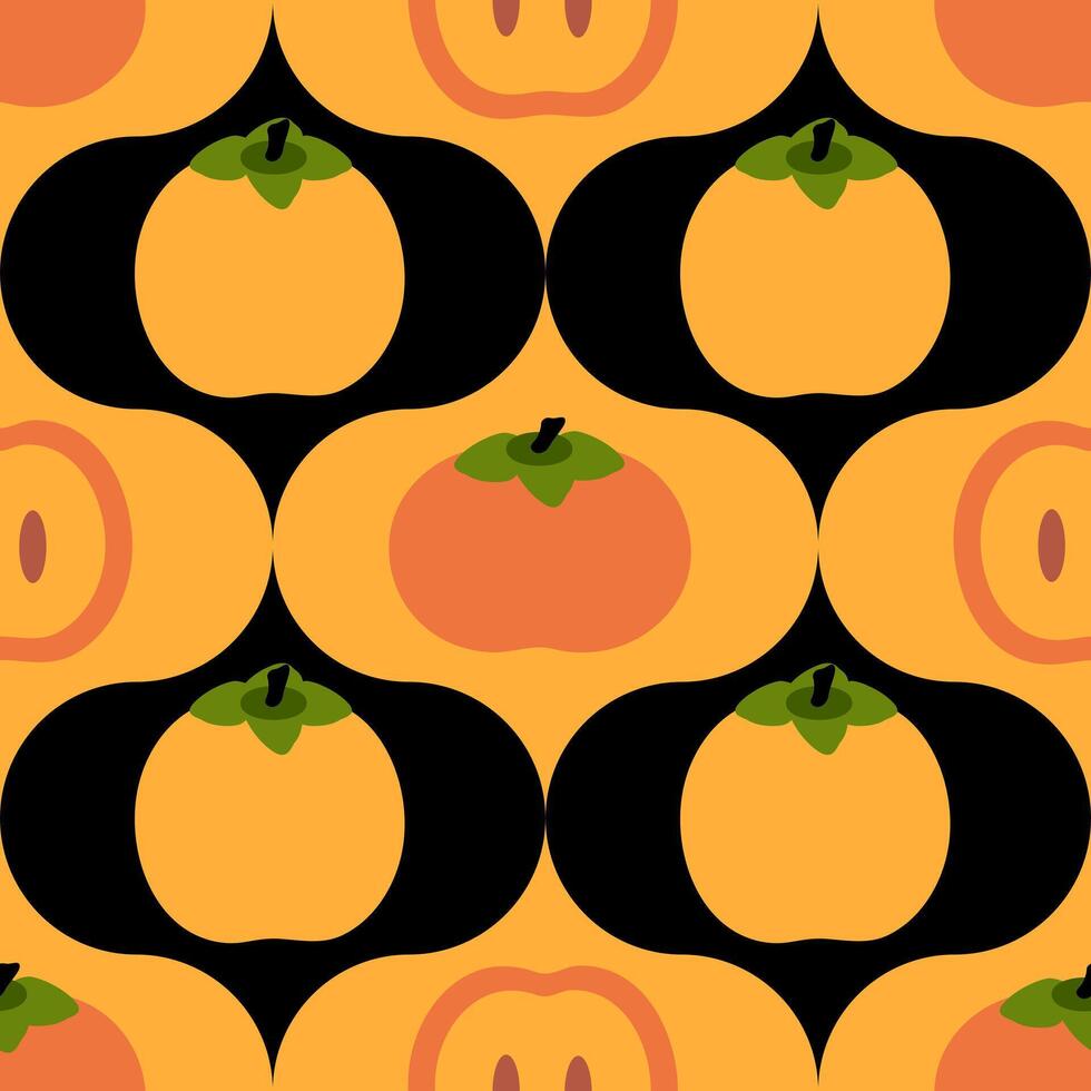 Persimmons fruits damask style seamless pattern. Perfect background print for banner, card, textile, fabric, paper, sale. Hand drawn illustration. vector