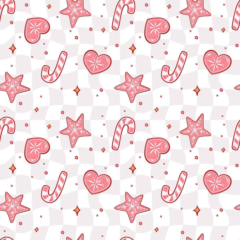 Pink Christmas Seamless Pattern with Candy Canes and Cookies vector