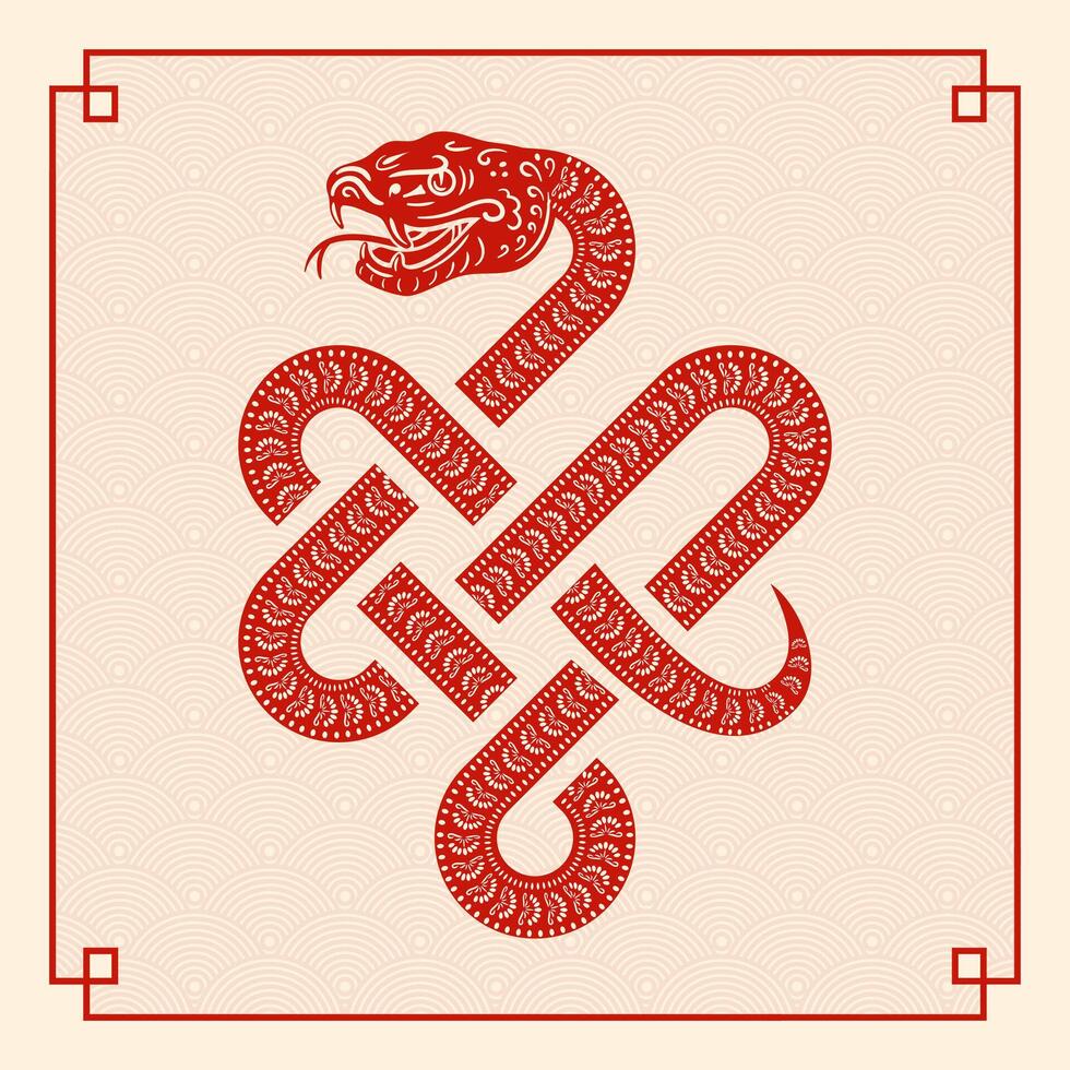 Chinese New Year of the Year of the Wood Snake. Asian style. A striking serpent coils elegantly and smoothly forms an Infinity Knot, symbolizing the deep concepts of rebirth and eternity. fish scales. vector