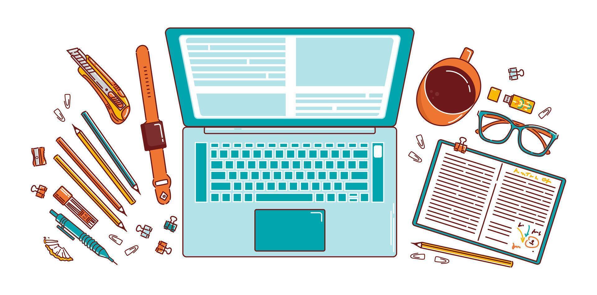 A top-down view of a student s workspace showcasing an e-learning and education theme, featuring a laptop, books, perfect for a university banner or study related visuals vector