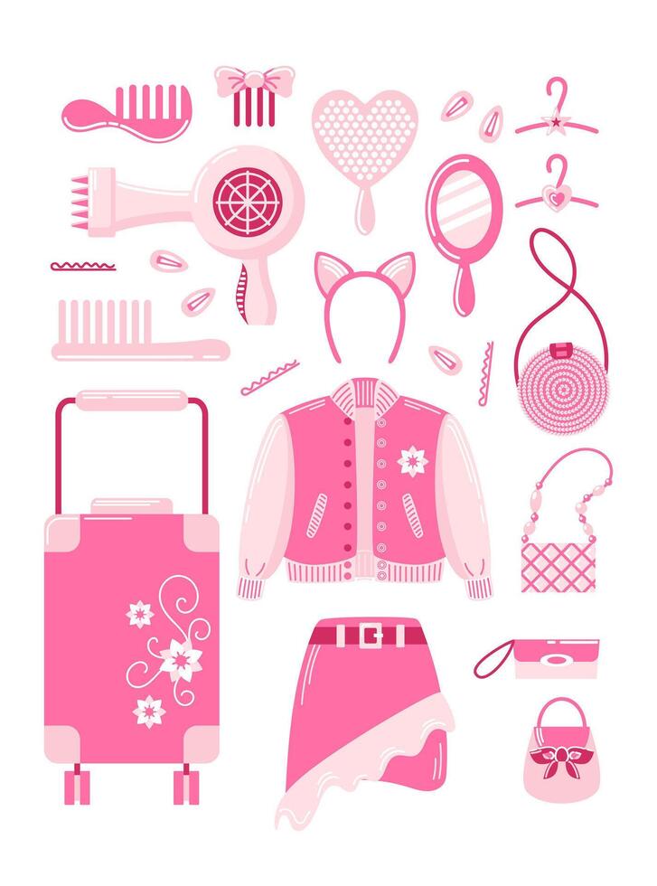 A collection of fashionable pink accessories inspired by the 2000s. Perfect for dolls, girls, and princesses. illustration with vibrant, eye-catching designs. vector