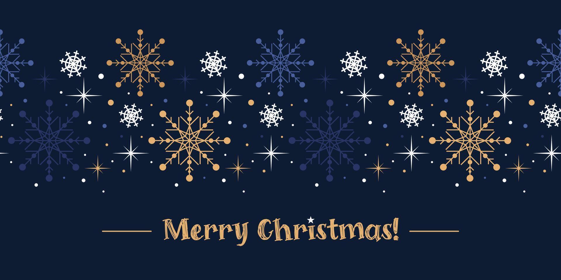 A seamless border of unique white and gold snowflakes, creating a whimsical winter atmosphere. Perfect for festive designs, textiles, and holiday-themed projects, including ads and flyers. vector