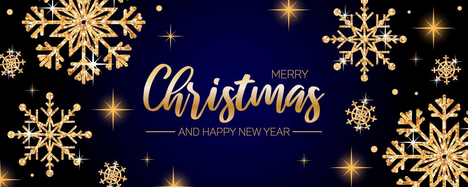 Sparkling snowflakes, a cheerful banner wishing Merry Christmas and Happy New Year. A holiday design featuring realistic festive elements and glittering gold confetti. Horizontal festive poster. vector