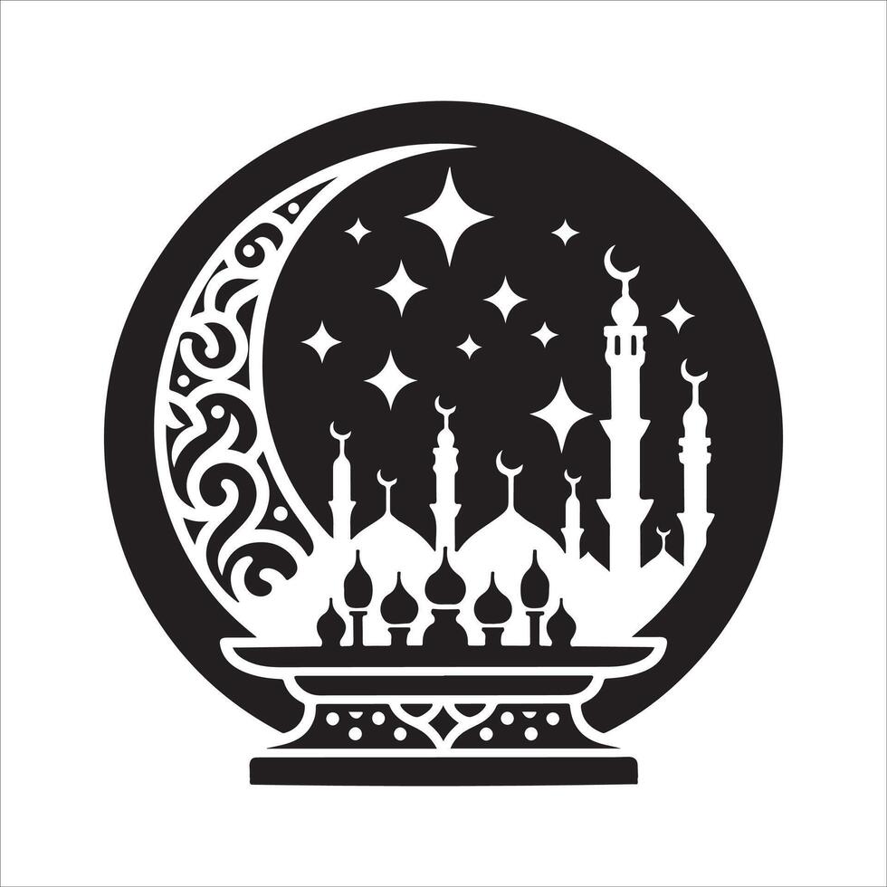 Ramadan Kareem Logo Crescent and Lanterns with Black Mosque Silhouette vector