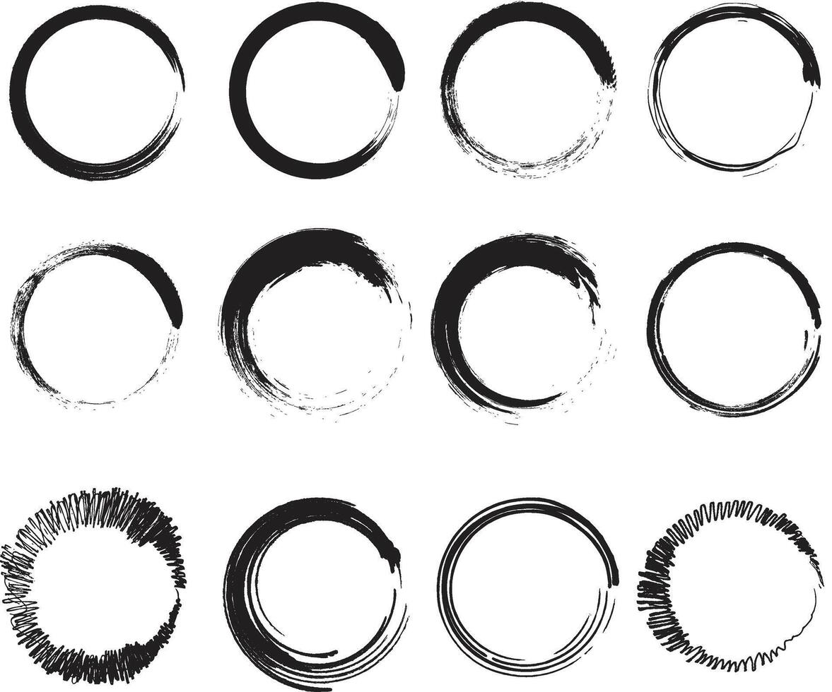 Set different circle brush strokes, hand drawn, watercolor paint brush circle logo frame vector