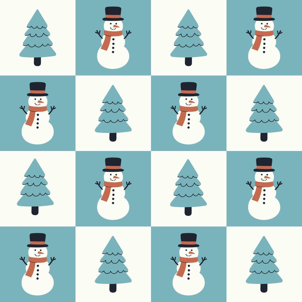 Checkered seamless pattern with snowmen and fir trees. graphics. vector