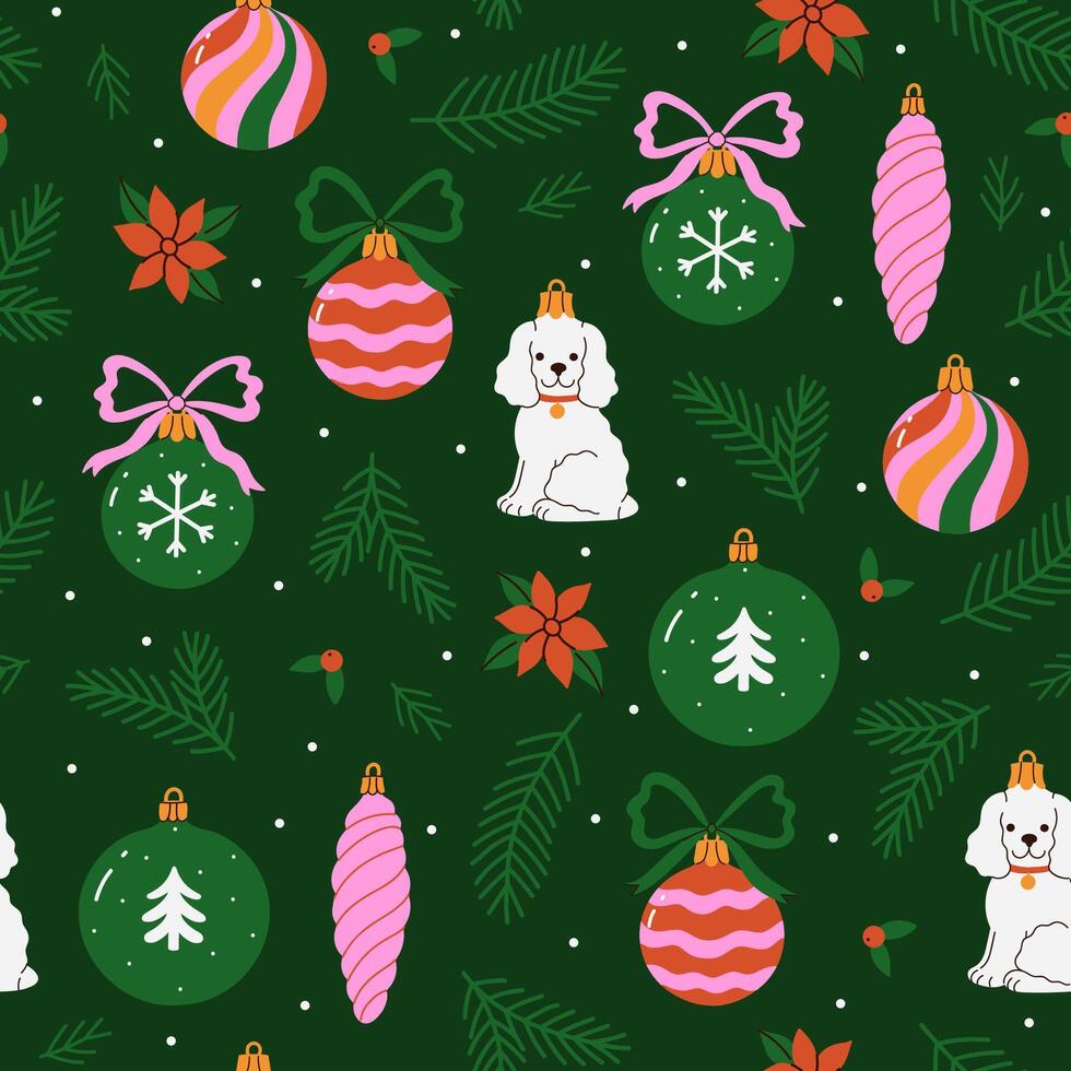Christmas seamless pattern with glass Christmas tree toys. graphics. vector
