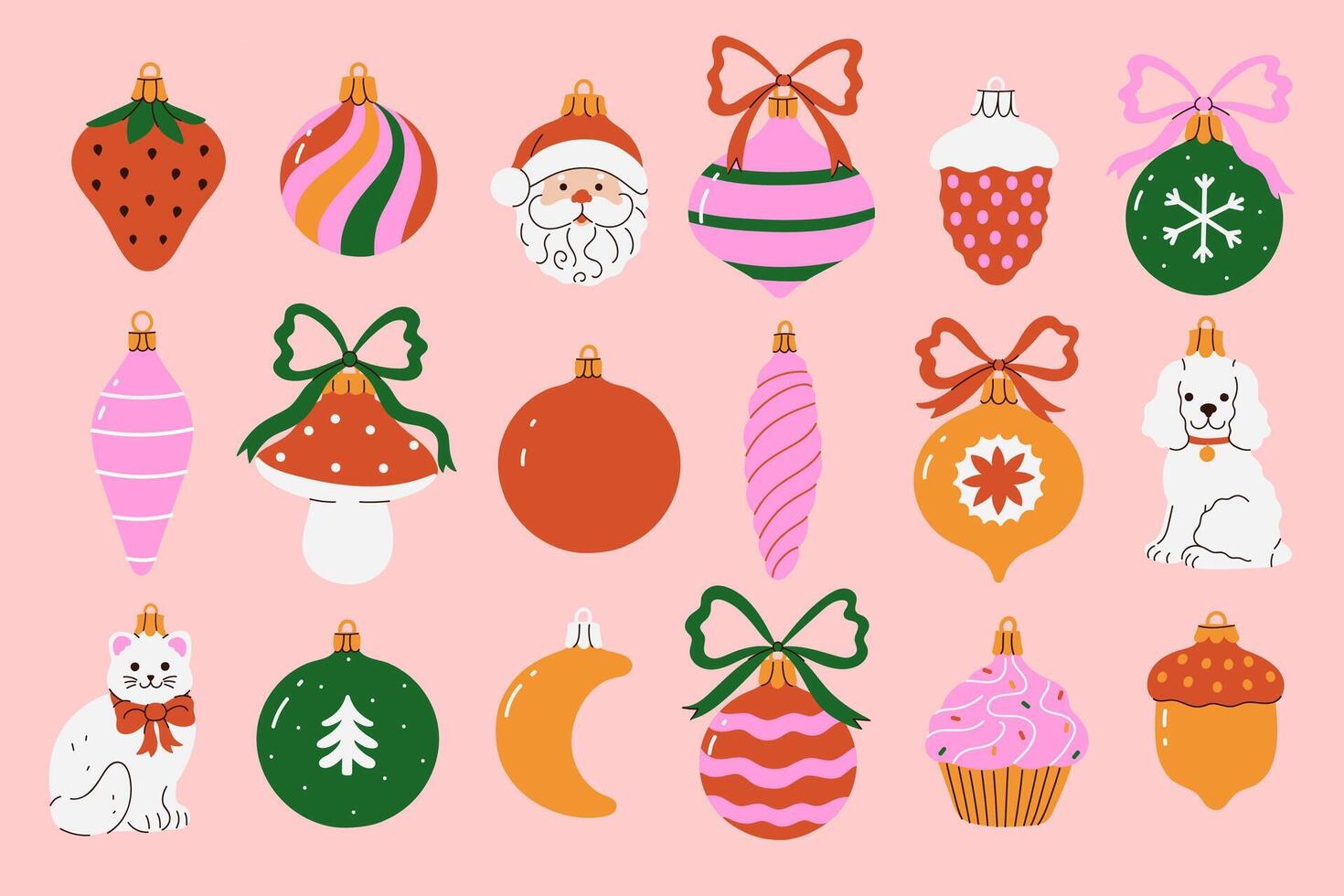 Set of cute glass Christmas tree toys. graphics. vector