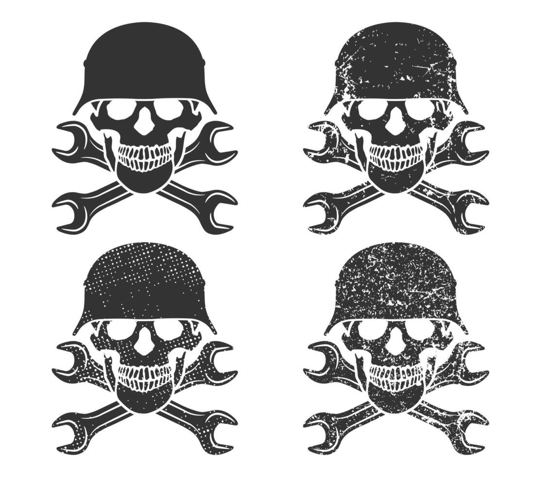 Skull with crossed wrenches and ww2 german helmet. Construction builder plumbing wrench or body shop repair car and truck mechanic service tool crossed. skull set illustration image. vector