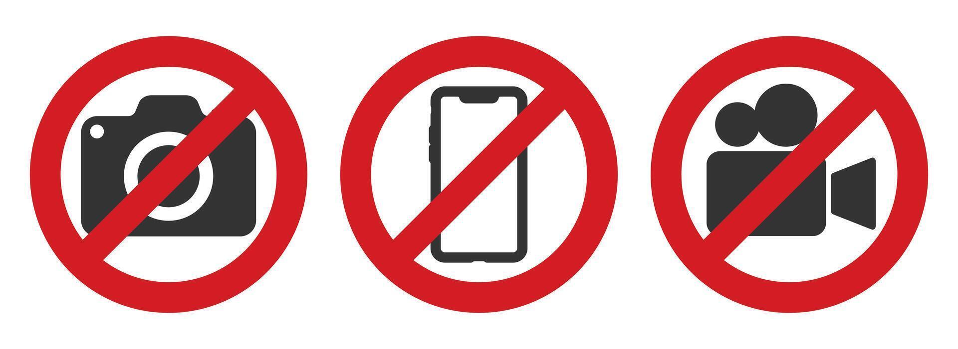 No Photographing prohibition sign symbol icon. No , photo, phone not allowed, prohibited logo pictogram. Isolated on white background. vector