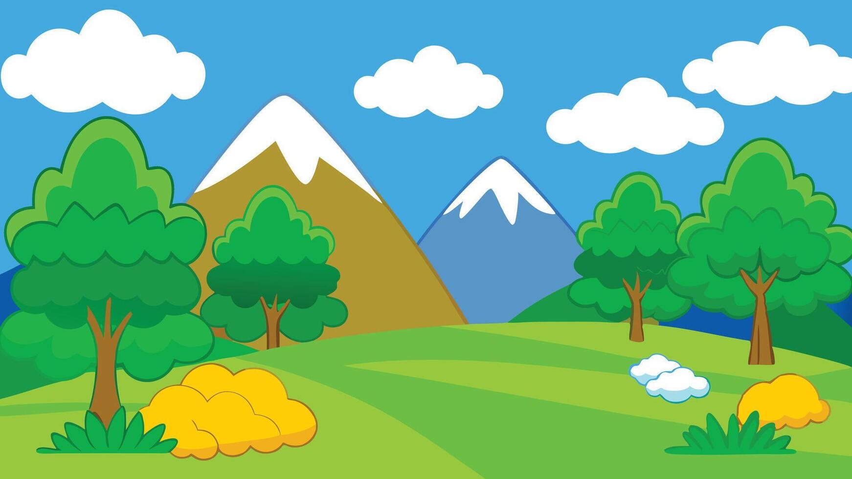 Cartoon mountain landscape with trees and clouds vector