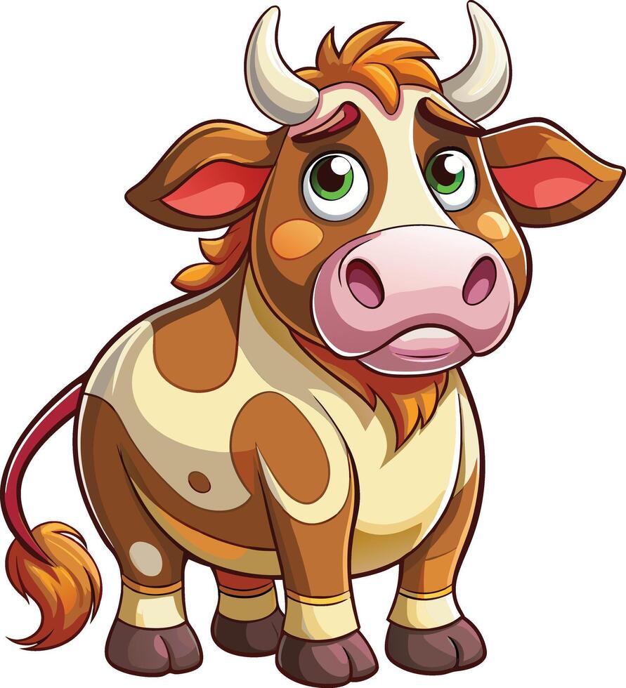 Cartoon cow with big horns and a sad expression vector