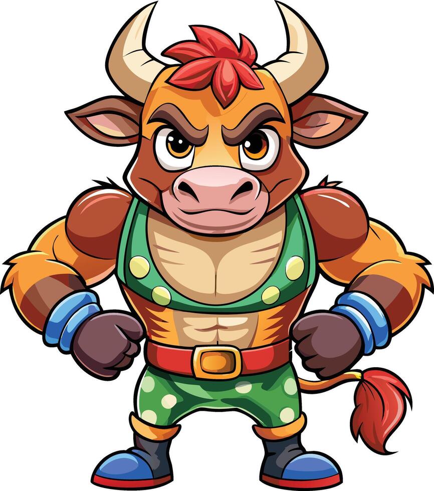 Cartoon bull in a green and red outfit vector