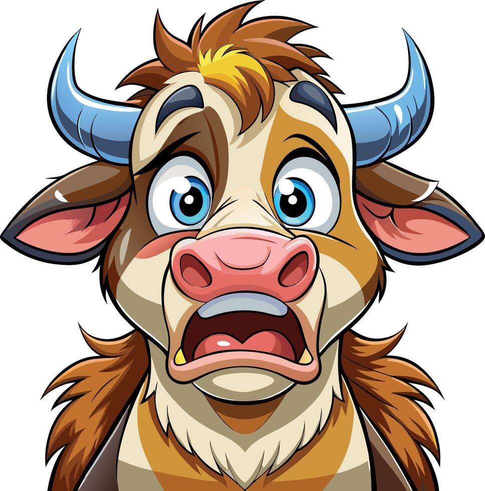 Cartoon cow head with big horns and big eyes vector