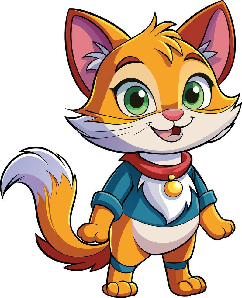 A cartoon cat with green eyes and a blue shirt vector